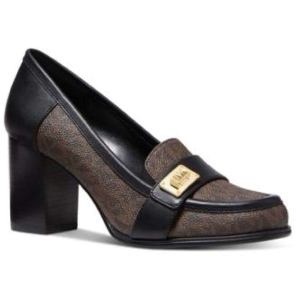 Michael Kors monogram pumps block heel loafers elegant gold buckle lock detail